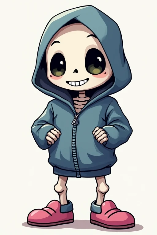sans, deltarune, 1boy, fire, flaming eye, gasterblaster, glowing, ((glowing eye)), blue eyes, hand in pocket, hood, hooded jacket, hoodie, jacket, looking at viewer, male focus, shorts, skeleton, skull, slippers, smile, smoke, solo, sparks, <lora:sansUndertaleLora_1:.6>