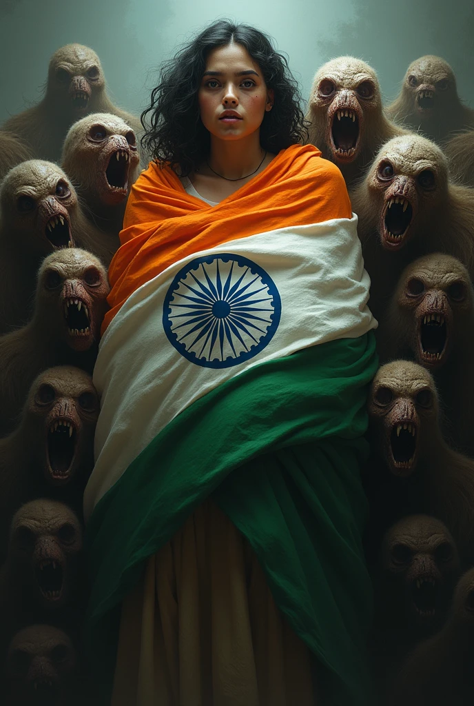 a picture of vulnerable big girl wrapped around an Indian flag with a lot of men around her dressed as monsters