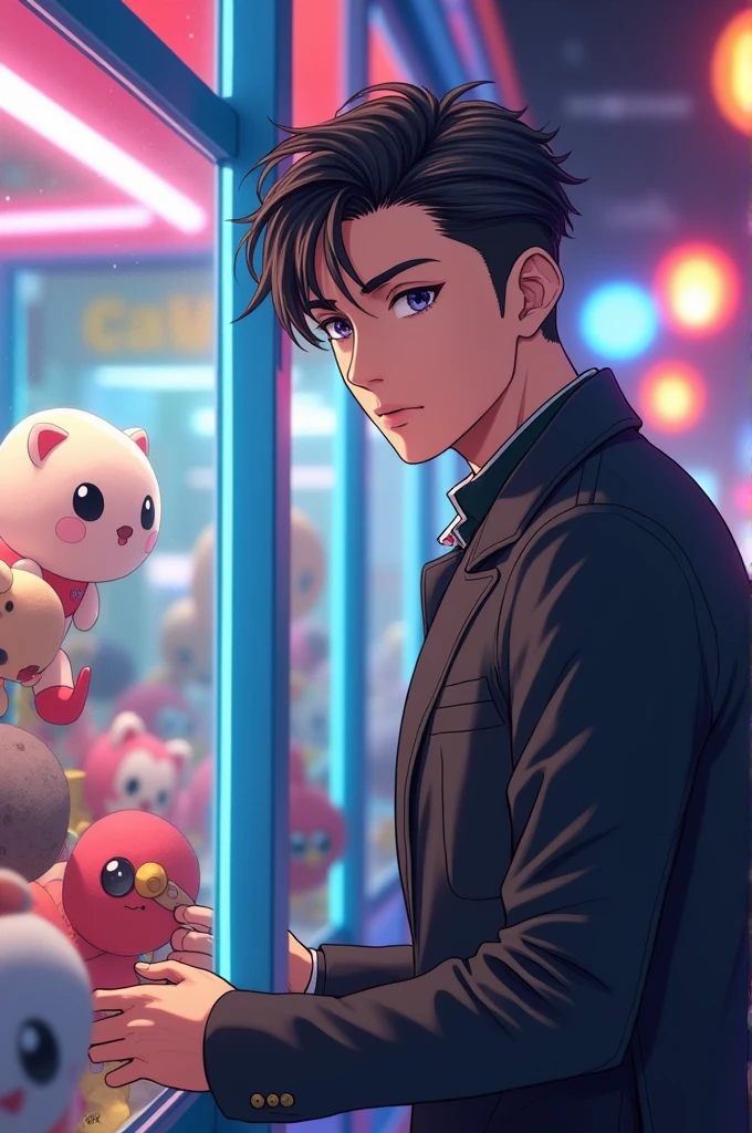Handsome anime-style man playing a claw machine