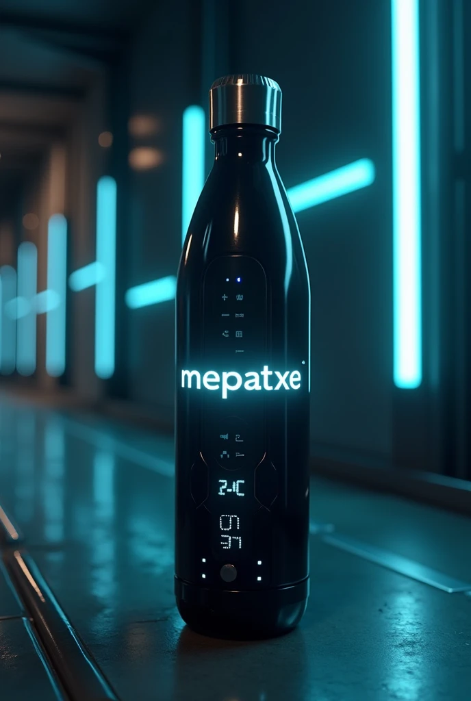 High-tech Water bottle, digital screen, band name 'mepatxe' glowing taxt, cinematic look