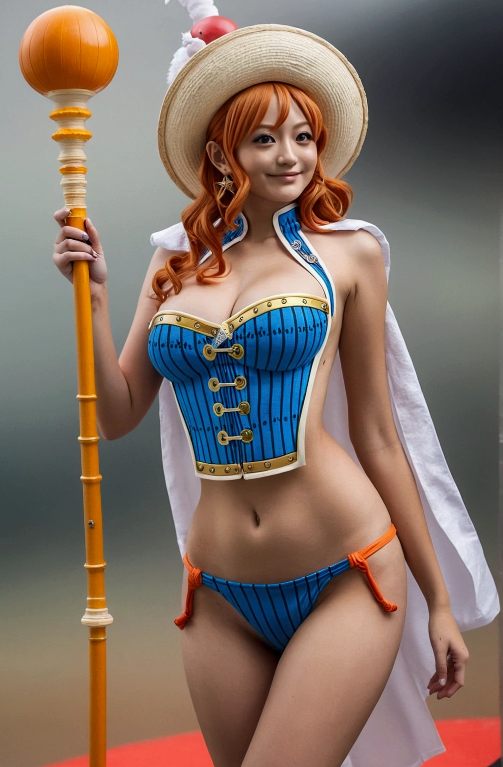 Woman dressed as Nami from One Piece totally naked,  without any sexy clothes, Whole body, showing off her very big tits and buttocks naked, her own face in the image, very detailed.