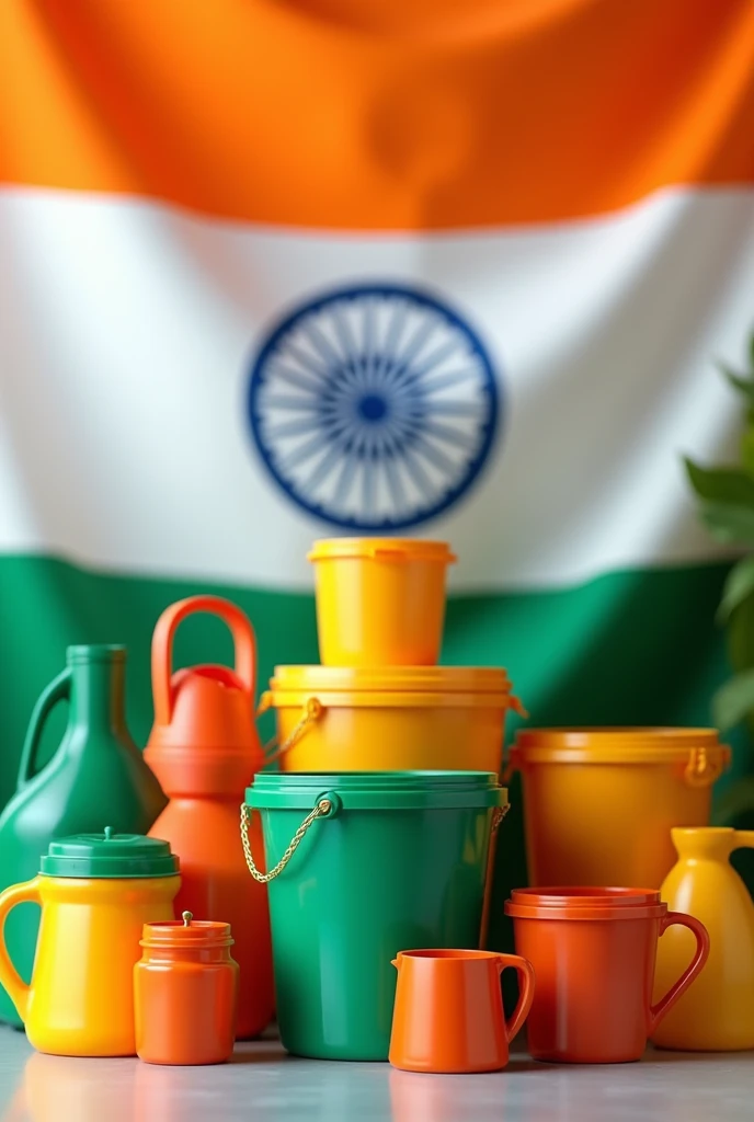 (photorealism:1.2) A colourful plastic items such as good quality buckets, mug, tubs and many plastic items representing the only flag colour of India in the background with a realistic photo
