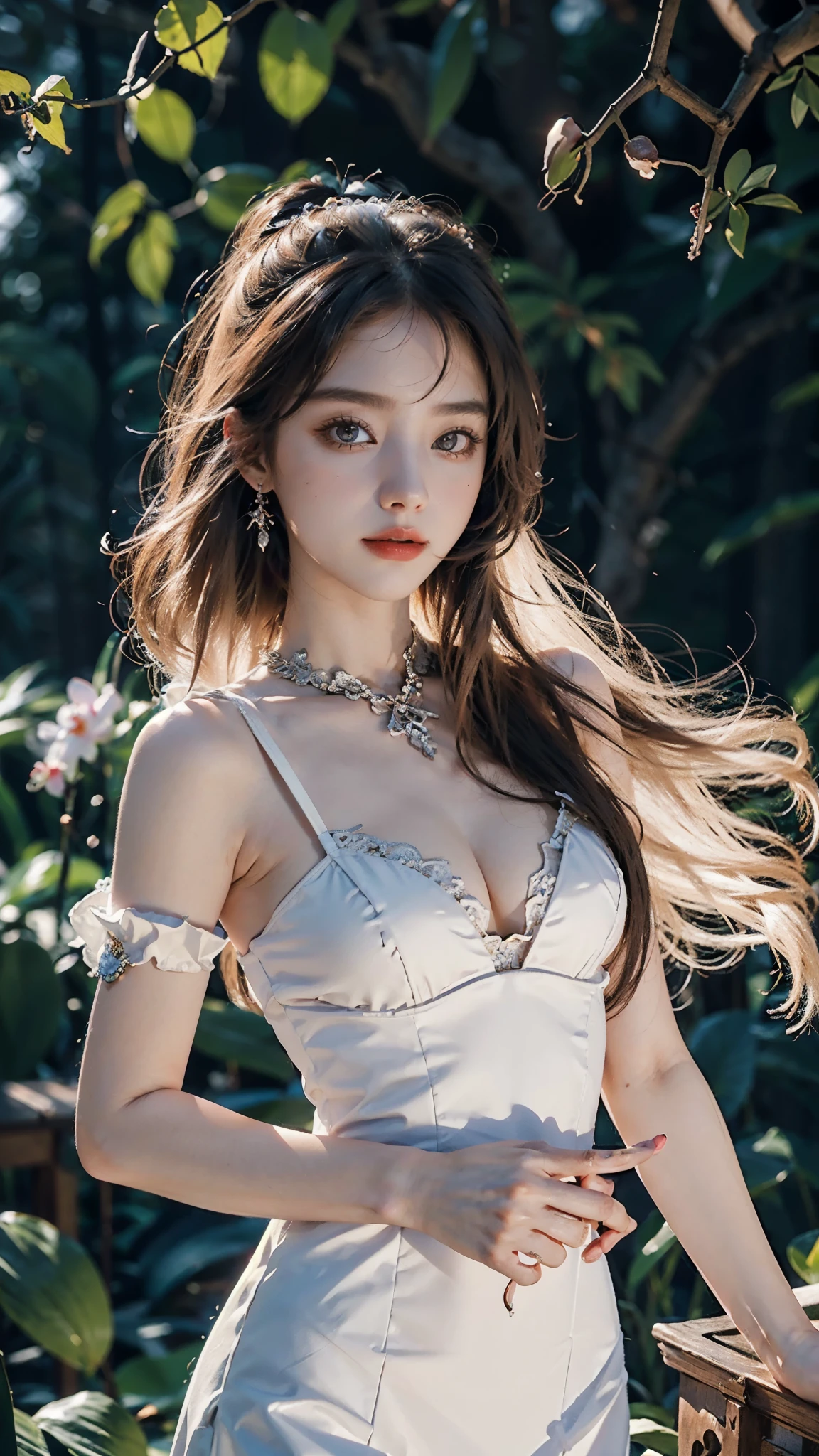 (CG 8k wallpaper extremely detailed, masterpiece, best quality, ultra-detailed), (better lighting, better shadow, extremely delicate and beautiful), floating, high saturation, dynamic angle, ((1girl)), gorgeous, ningguang(orchid evening dress) white hair, red eyes, very long hair, hair ornament, bangs