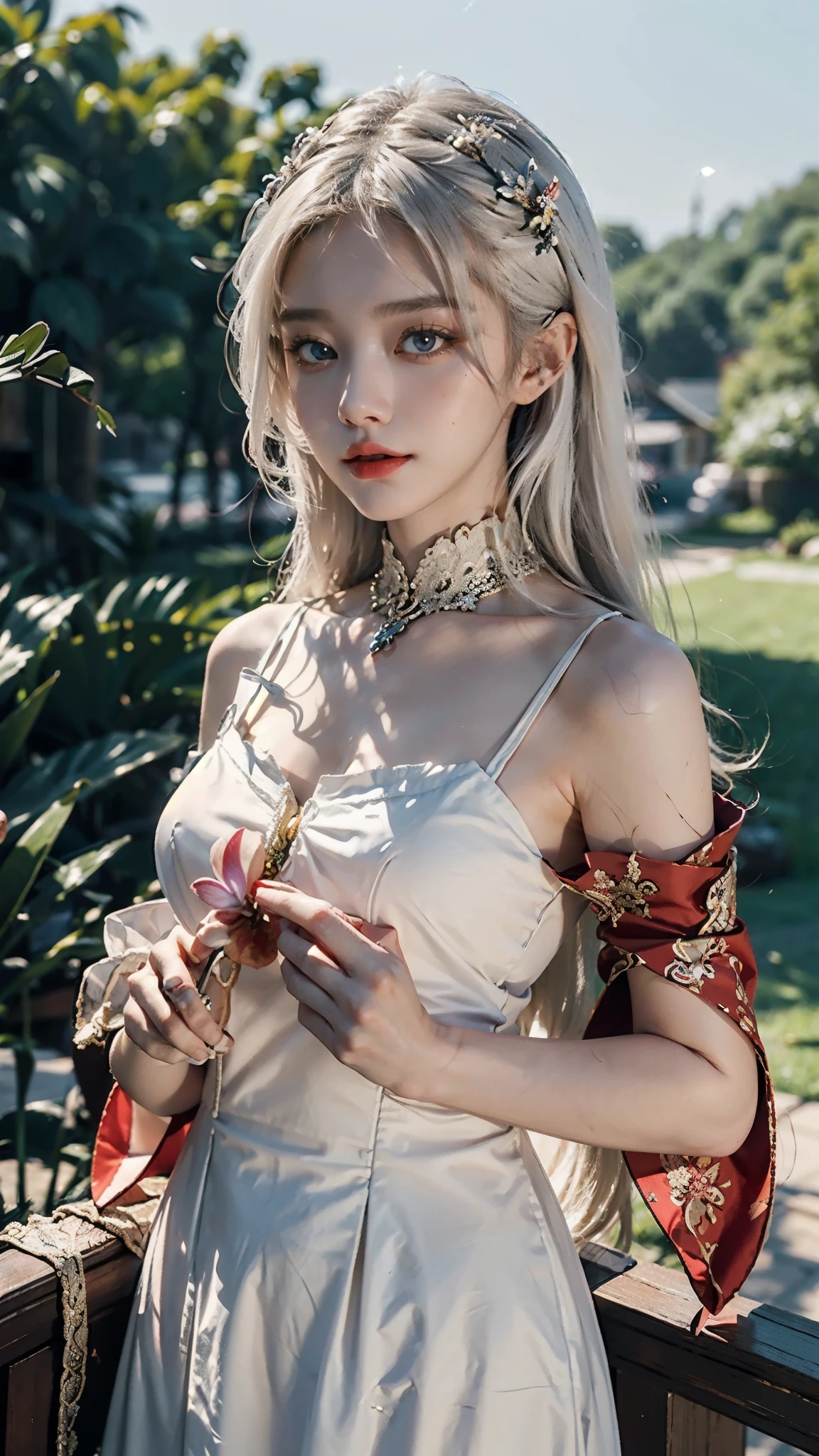 (CG 8k wallpaper extremely detailed, masterpiece, best quality, ultra-detailed), (better lighting, better shadow, extremely delicate and beautiful), floating, high saturation, dynamic angle, ((1girl)), gorgeous, ningguang(orchid evening dress) white hair, red eyes, very long hair, hair ornament, bangs