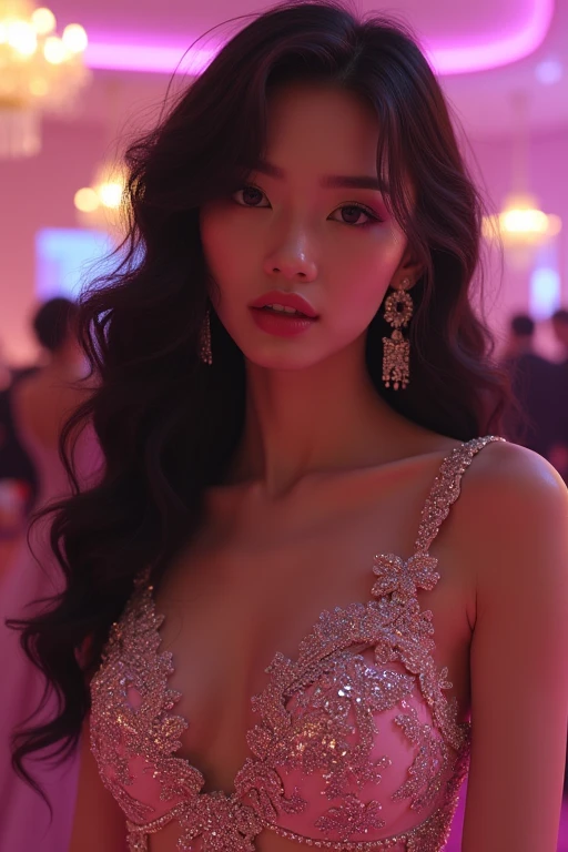 A girl k-pop idol (her wearing iris prom night glam sparkling bling bling dresses, her long black pink hair beauty in tie curly, her mystic make up)