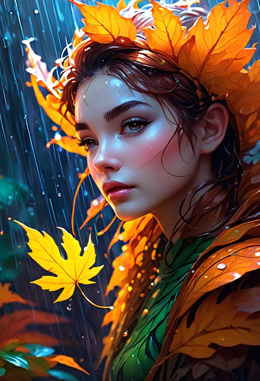 Midjourney, MJ, Midjourney style, poster, light background, close-up, an autumn leaf pixie girl on a leaf in the rain, The agis man and the world of space adventure, photo realism, 8k resolution,, garden, trending on artstation, 4k, intricate details, highly detailed, pencil drawing, sketching, unreal engine, greg rutkowski, loish, rhads, beeple, makoto shinkai and lois van baarle, ilya kuvshinov, rossdraws, tom bagshaw, alphonse mucha, oil painting, heavy strokes, paint dripping, oil painting, heavy strokes, paint dripping