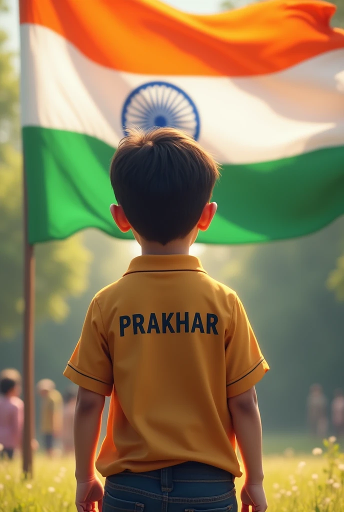 1. A real 20-year-old boy joyfully celebrates Indian Independence Day. He is wearing traditional Indian outfits with the name "deep written on his attire. Above him, in the sky, the words "Happy Independence Day" are displayed in a bold font. The backdrop is filled with people celebrating, enhancing the festive and patriotic spirit of the day.