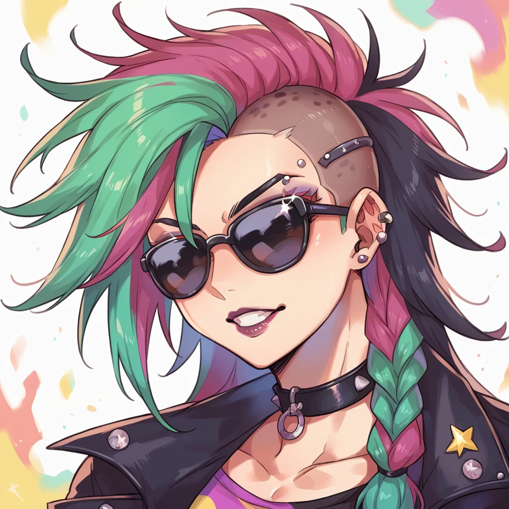 Punk girl, Long hair, that falls over her shoulders and is colorful, wear black sunglasses and bright colored clothing.