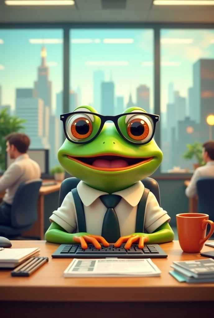 Cute animation of a frog working as an office journalist