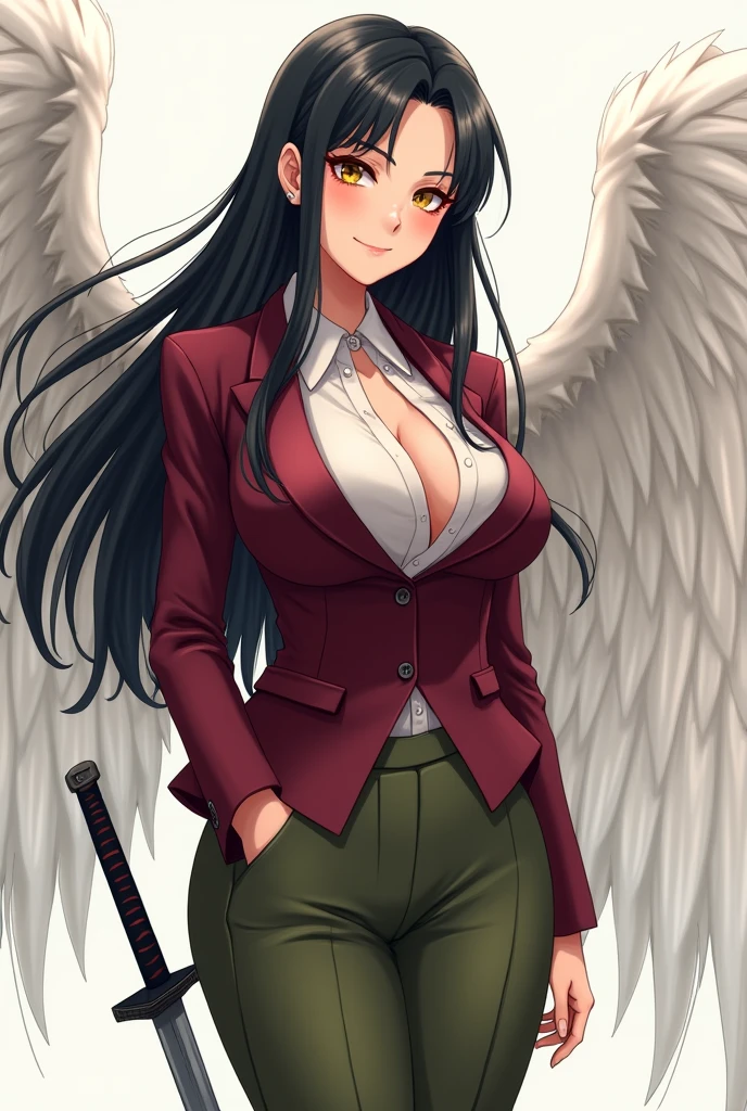 An anime Japanese woman in a suit with yellow eyes, black hair, transparent white wings behind her, a maroon jacket, olive green pants, long hair parted in the middle, large breasts, a sword sheathed on her left hip, smiling.