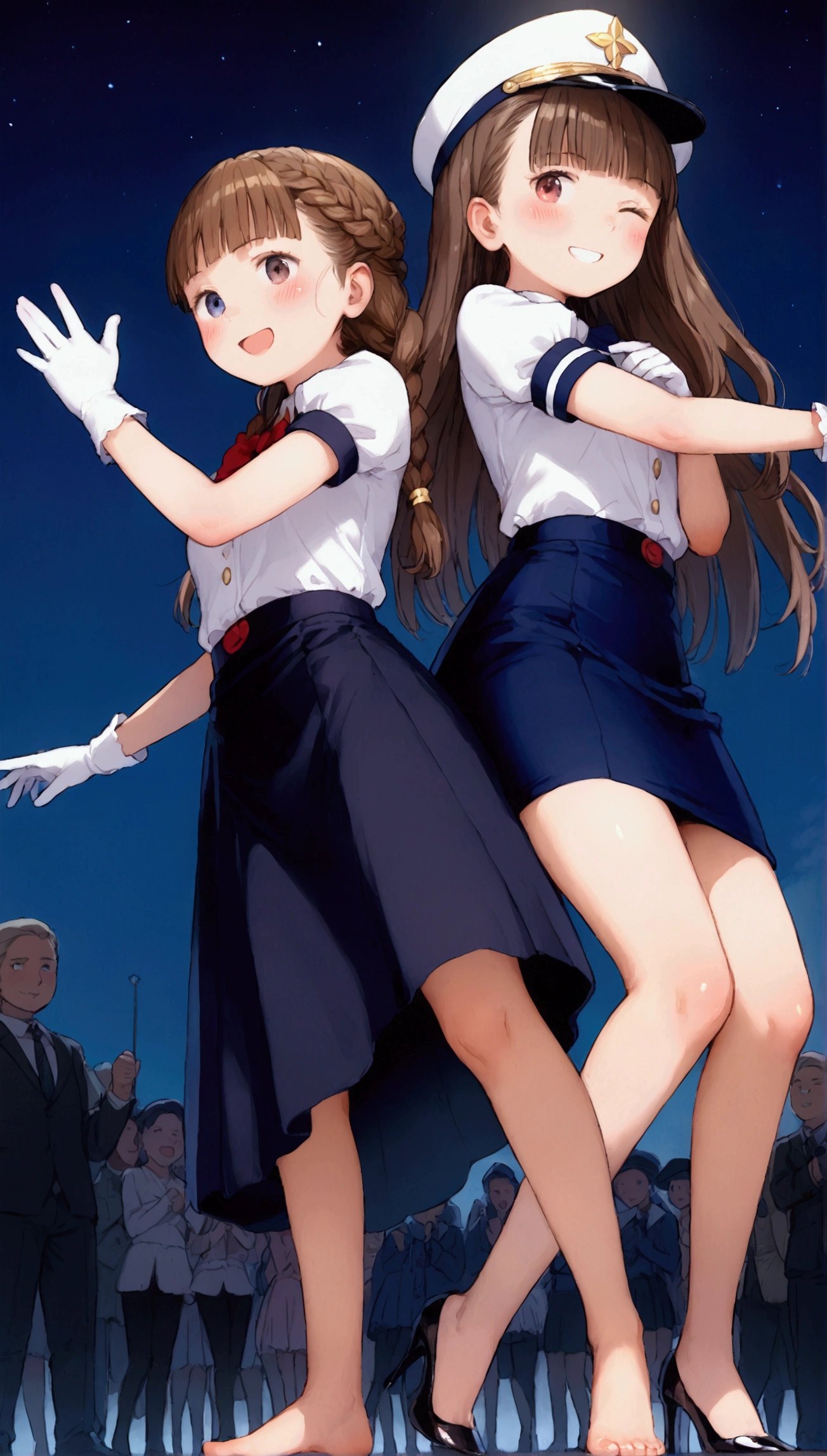 {Highest quality}, {Super beautiful},{Ultra fine},{Best illustration},Brown Hair,Hime cut,Braid,long hair,Two Women,Standing Woman,Strike a pose,Adult women,smile,Ecstasy face,Wink,Blushing,Uniform cap,White Shirt,Short sleeve,Black long skirt,White gloves,Black stiletto heels,barefoot,Night Park,crowd,Slender,From below,Spread your legs,Wave hands with both hands