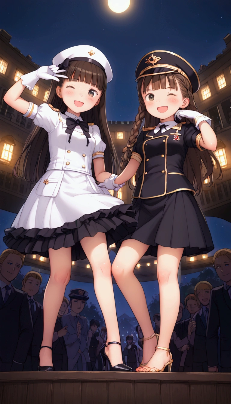 {Highest quality}, {Super beautiful},{Ultra fine},{Best illustration},Brown Hair,Hime cut,Braid,long hair,Two Women,Standing Woman,Strike a pose,Adult women,smile,??????? face,Wink,Blushing,Uniform cap,White Shirt,Short sleeve,Black long skirt,White gloves,Black stiletto heels,barefoot,Night Park,crowd,Slender,From below,Spread your legs,Wave hands with both hands