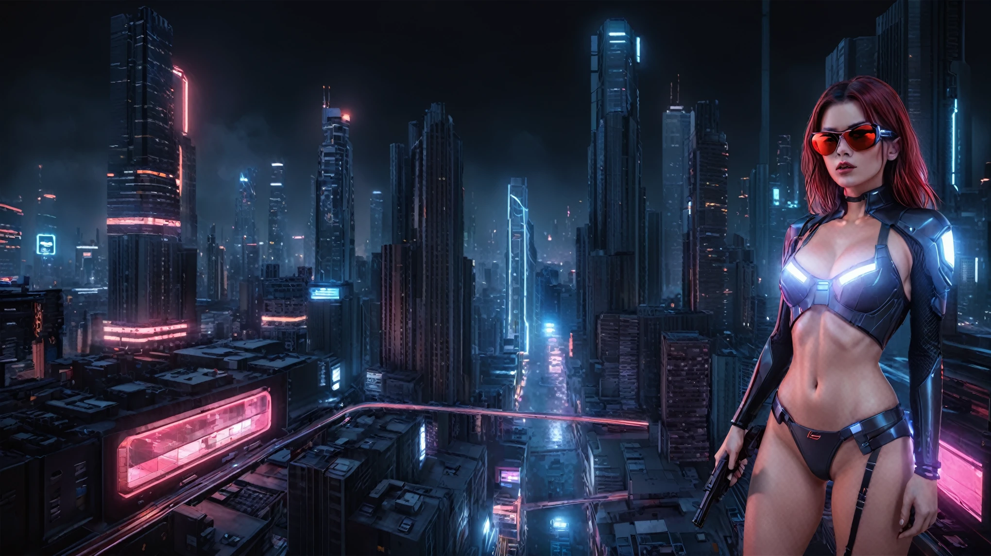 (High view). There's a cyborg woman (8k) wearing a futuristic leotard (best quality) standing in a cyberpunk city alley at night, darksynth aesthetic, red neons, haze, 1drone, foggy night, ultra detailed, photorealistic, (1girl, solo, alone), large-breast:1.2 slim body, cleavage:1.1, (black sunglasses), (holding a pistol), half-body thigh level medium shot, cinematic lighting, ray tracing.