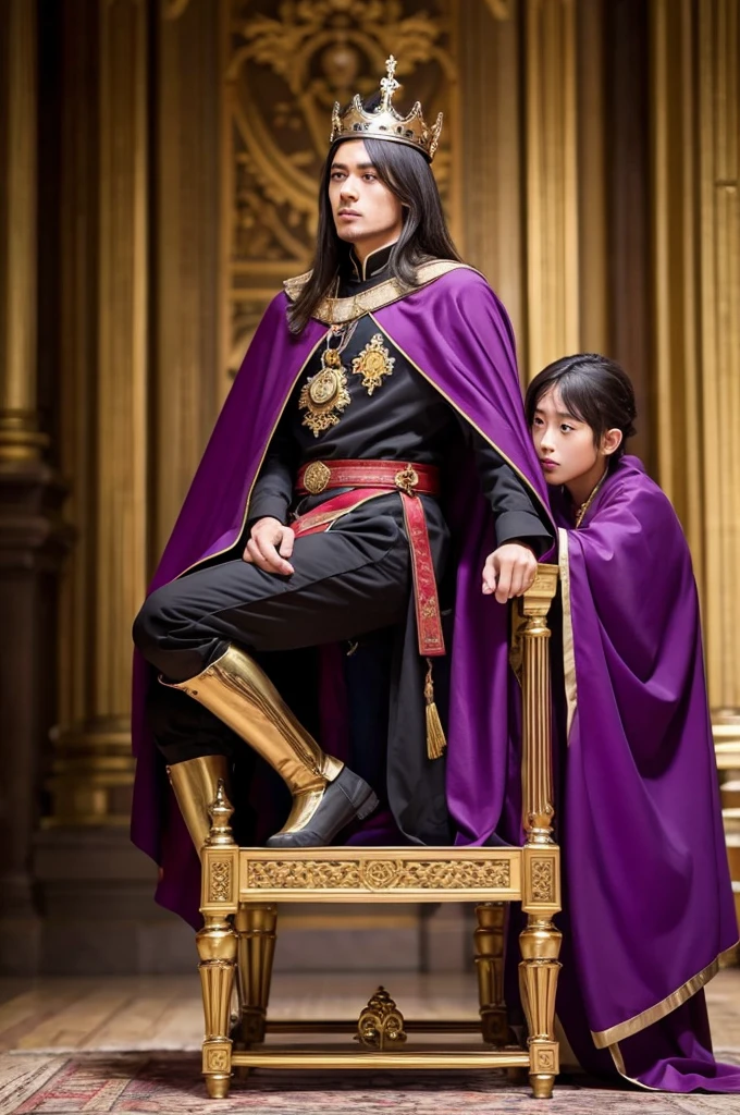 Medieval emperors、male、Handsome、Throne、A platinum imperial crown、Black tunic、Purple Cape、Scarlet trousers、black and gold boots、Six subordinates kneeling before him、A magnificent space