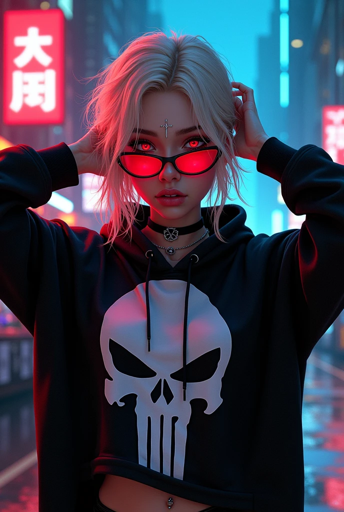 Create a hyper-realistic digital illustration of a cyberpunk female character in a neon-lit urban setting. The subject is a young woman with platinum blonde, messy shoulder-length hair. She has striking features, including luminous eyes behind red cat-eye glasses. A small, metallic cross is embedded in her forehead. She wears an oversized black hoodie over a graphic t-shirt featuring a stylized white skull design. Accessorize with a high-tech choker, multiple ear piercings, and visible cybernetic implants. Her expression should be confident and slightly defiant, with her hands raised to her hair in a casual pose. The background contrasts electric blue and neon red, creating a futuristic cityscape. Incorporate glitch effects and digital artifacts to enhance the cyberpunk aesthetic. Use dramatic lighting with a predominant red glow reflecting off the character's face and glasses. Add subtle tech elements like holographic displays or circuitry patterns in the clothing or background. Emphasize textures: the softness of the hoodie, the shine of the glasses, the glow of neon on skin. Balance realism with stylized digital art techniques for a high-quality, immersive cyberpunk portrait. Include intricate details like visible stitching on the hoodie, reflections in the glasses, and the interplay of light and shadow on the character's face and clothing.