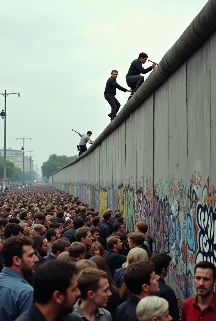 Photo of people tearing down the Berlin Wall.