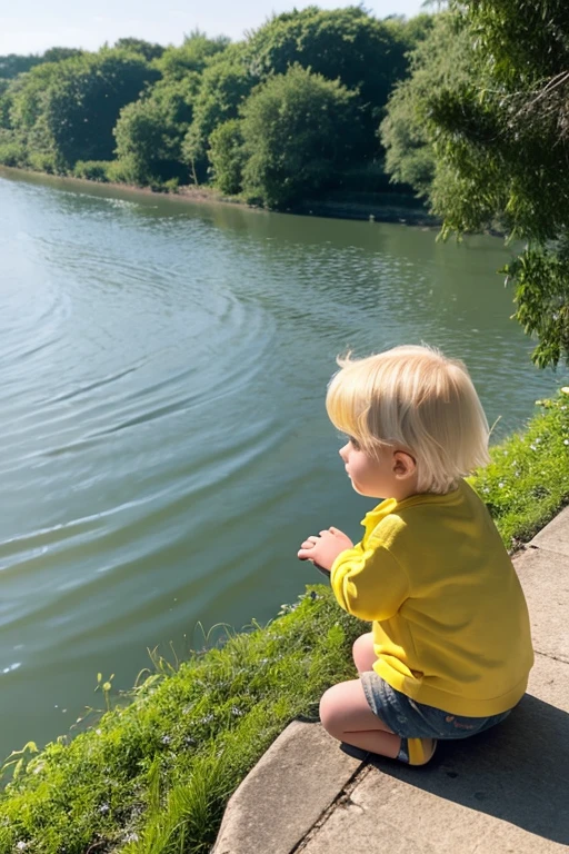 animated image of a yellow-haired child near and watching the river