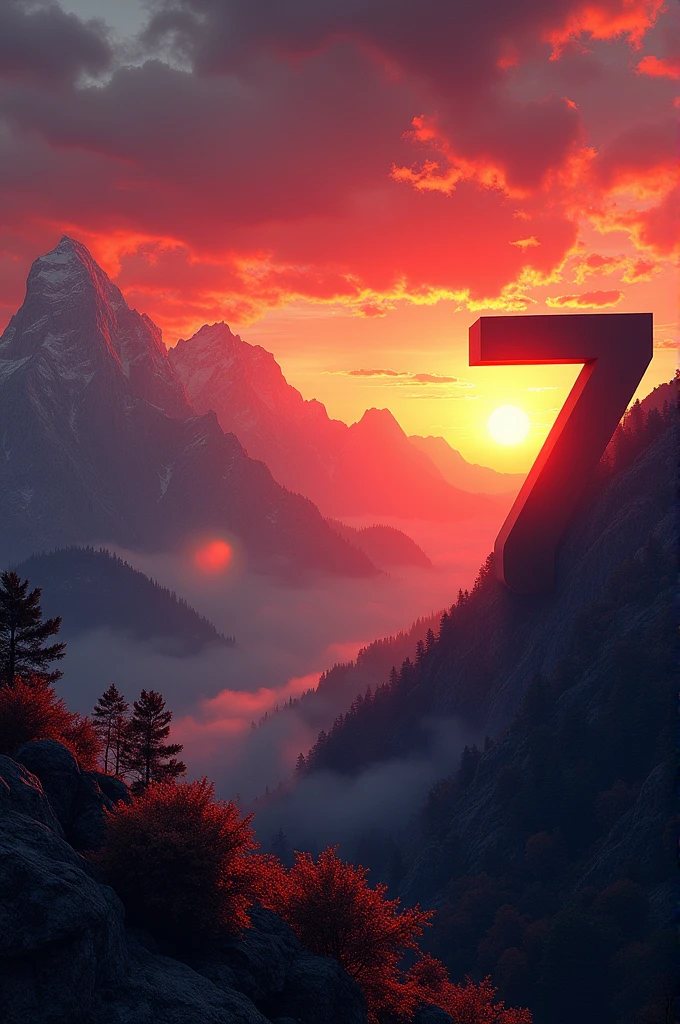 there's a big 7 on the right side and there is a sunrise with mountains then put a sky that color red and orange