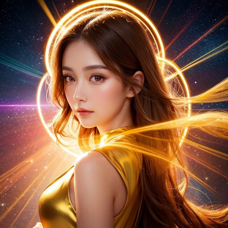 Close-up of a woman wearing a golden dress、The background is shining with a halo.、Abstract images, Beautiful Celestial Magician, Heavenly Goddess, Golden ethereal light, Fantastic fantasy, Beautiful Fantasy Empress,, Goddess of space and time, Shining golden aura, Goddess of Light, A surprisingly young and mysterious person,Half Japanese, half Caucasian、Brown hair、round face、Long eyelashes