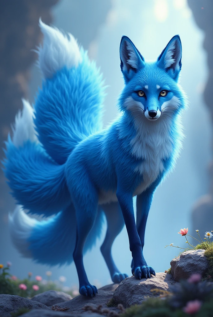 A blue fox that walks on 2 legs, With a gust of tales