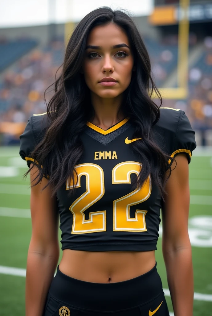 A photo of Emma Hughes, a quarterback for the female University of Central Florida Knights football team. Number 22. Very tall, very (colossal breasts:1.5), very long black hair.