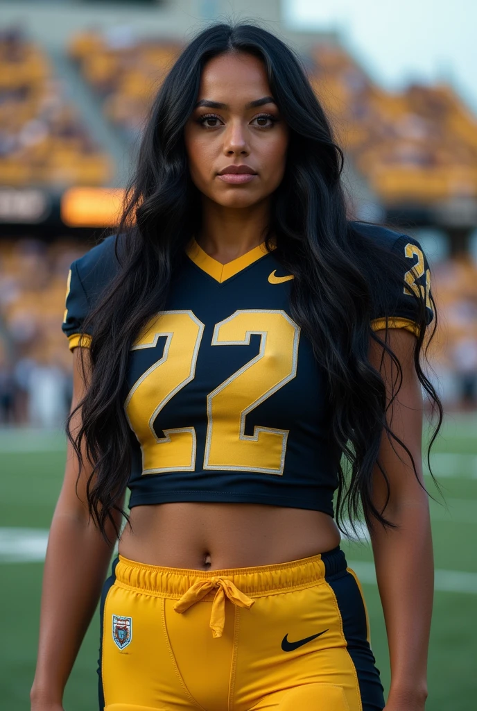 A photo of Emma Hughes, a quarterback for the female University of Central Florida Knights football team. Number 22. Very tall, very busty, very long black hair.