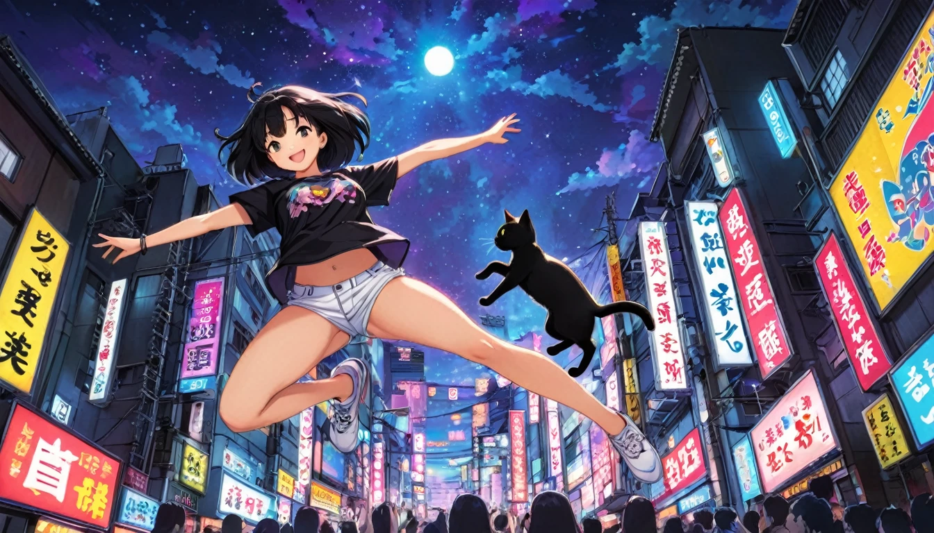 (((wide angle shot, from below, full body))), Girl, black hair, medium breast, jumping, spread arms and arms up, smile, T-shirt, White, Art, Retro, Cartoon Collage, little black cat jumping, tokyo city night background, neon light, detailed background, Anime Style