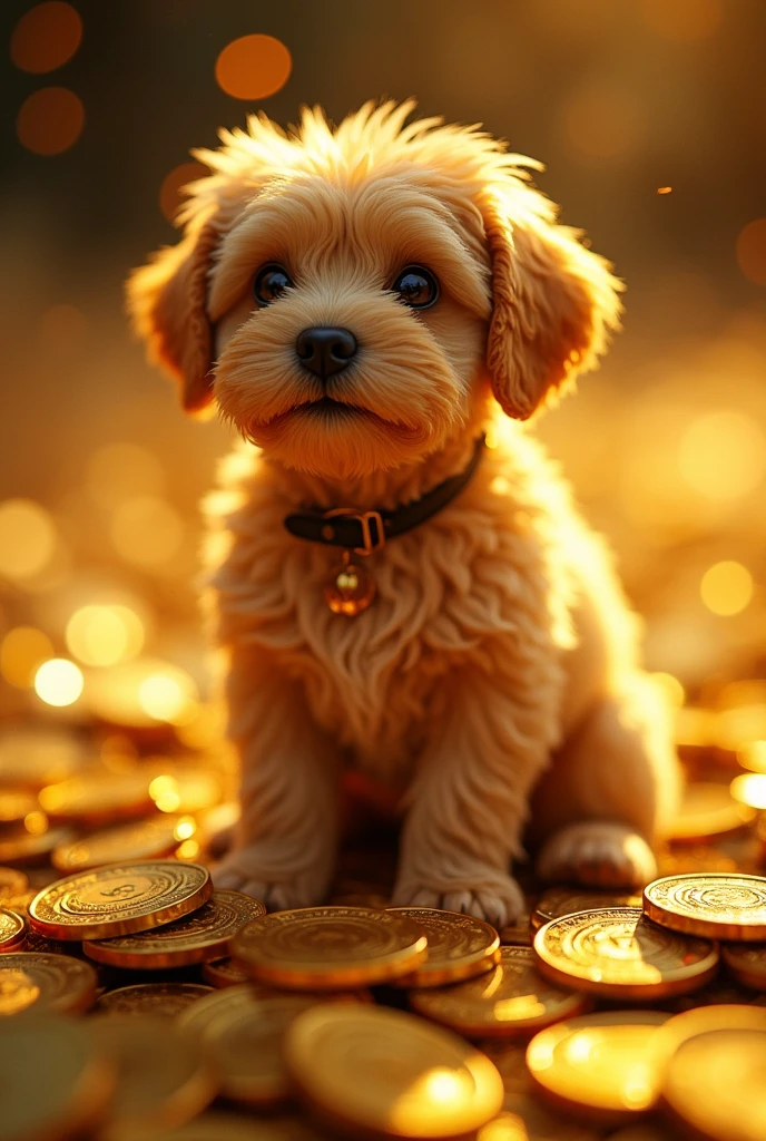Pile of gold, Gold coins, dog, Gold coins이 하늘에서 쏟아진다. Dazzling golden, golden light