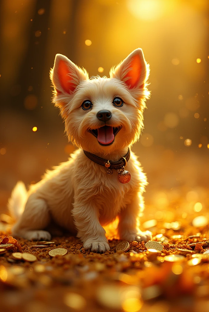 Pile of gold, Gold coins, dog, Gold coins이 하늘에서 쏟아진다. Dazzling golden, golden light