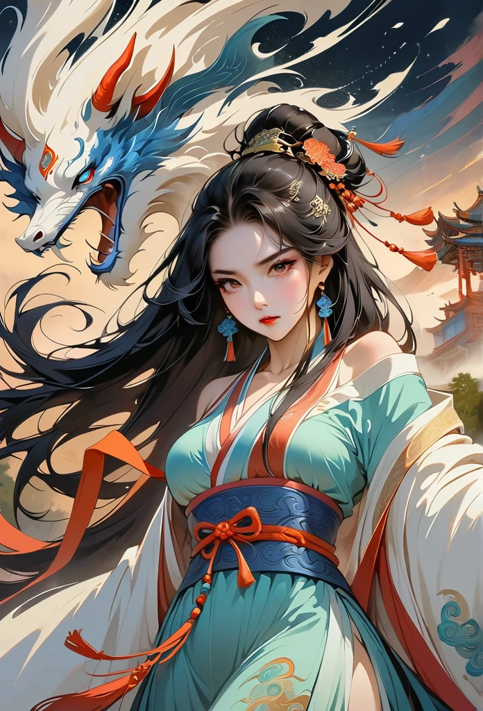 official art, unified 8k wallpaper, Super detailed, Beautiful and beautiful, masterpiece, best quality, (Zentangle, dispute, twist), (fractal art: 1.4), 1 girl, weapons in hand, black hair, China人, bare shoulders, short skirt, calf, navel, Very detailed, dynamic angle, cowboy shooting, (The most beautiful form of chaos), ethereal, (bright colors), Oak, (half: 1.2), China, (Thangka Feitian: 1.5), (ribbon: 1.3), (Dream: 1.5), (hanfu: 1.5), China人 dragon, (Smile: 0.5), (China人 deity), normal facial features, normal finger