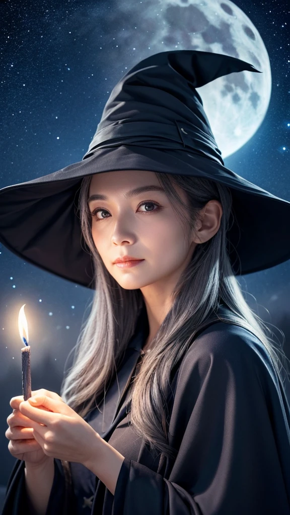 An old witch with a wrinkled face、long gray hair、With a candle、Looking forward、Wearing a navy blue cape and hat、The background is a starry sky and the moon