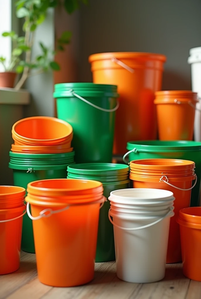 (photorealism:1.2) A colourful plastic items such as good quality buckets, mug, tubs and many plastic items representing the only flag colour of India in the background with a realistic photo