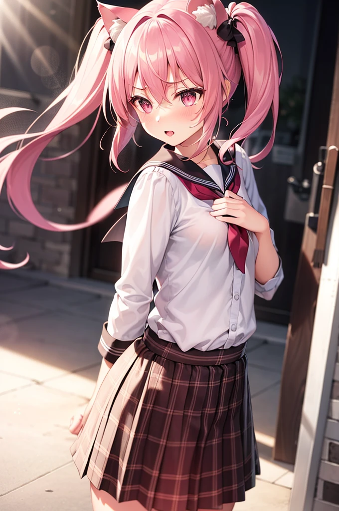 1girl, cat girl, Cat ears, grey hair, streaked hair, pink hair, long hair, hair between eyes, twintails, sailor collar, highly_detailed, Beautiful eyes, extremely_detailed_CG_unity_8k_wallpaper, highres, absurdres, beautiful_detailed_eyes, finely_detailed_clothing, finely_detailed_light, highly_detail_hair_, colorful, light rays, caustics, aistics, lens flare, bokeh, nsfw, A small chest, pink eyes, White silk stockings, JK Uniform Plaid Skirt, school uniform, Light pink mini skirt, blush, score_anime, score_9, score_8_up, masterpiece, The wind blows up the skirt, charming, sexually suggestive, lace lingerie, Pink underwear, park, low angle view