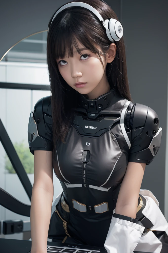 masterpiece, best quality, extremely detailed, (photorealistic:1.4), (RAW photo) (RAW photo) (8K, 4K, Best Quality, hight resolution, 超A high resolution:1.1), (masutepiece, Realistic, Photorealsitic:1.1), 1girl in, Japaese Cyborg girl,Plump , control panels,android,Droid,Mechanical Hand, Robot arms and legs, Black Robot Parts,Black hair,Mechanical body,Blunt bangs,White robotics parts,perfect robot girl,future information counter,reception,long tube,thick cable connected her neck,ceramic body ,mechanical body, ear antenna,mechanical ear cover, loose boots,mechanical costume,android,robot,humanoid,cyborg,information office,japanese android receptionist ,mechanical chest,rolling eyes,dark black tights
