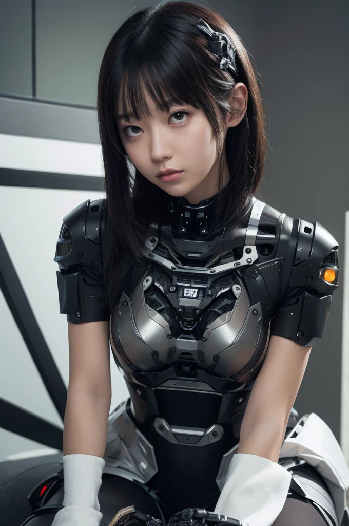 masterpiece, best quality, extremely detailed, (photorealistic:1.4), (RAW photo) (RAW photo) (8K, 4K, Best Quality, hight resolution, 超A high resolution:1.1), (masutepiece, Realistic, Photorealsitic:1.1), 1girl in, Japaese Cyborg girl,Plump , control panels,android,Droid,Mechanical Hand, Robot arms and legs, Black Robot Parts,Black hair,Mechanical body,Blunt bangs,White robotics parts,perfect robot girl,future information counter,reception,long tube,thick cable connected her neck,ceramic body ,mechanical body, ear antenna,mechanical ear cover, loose boots,mechanical costume,android,robot,humanoid,cyborg,information office,japanese android receptionist ,mechanical chest,rolling eyes,dark black tights