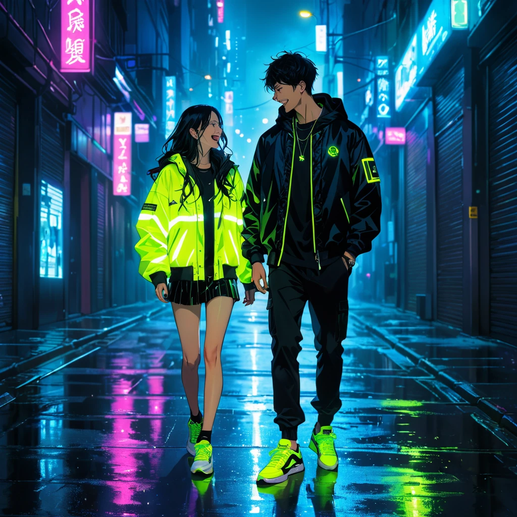 "An anime-style illustration of a man and a woman in darkness. The man is laughing, and both are dressed in street-style jackets and sneakers. Their outfits feature Black  fluorescent colors that make them visible in the dark. The woman's full body and the man's full body are clearly shown, with glowing Black accents on their jackets and sneakers to highlight them against the dark, urban background."dark,
High resolution, masterpiece, accurate, bestquality, High detail, high quality, Very detailed, dark,longhairVery detailed, Ultra high definition, 