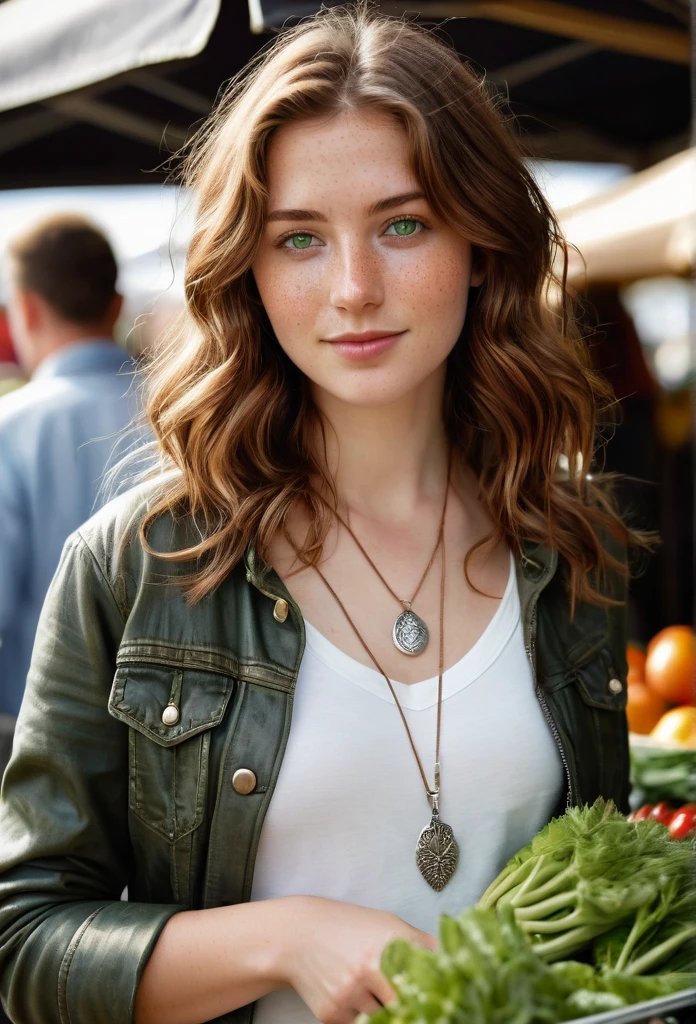 A 24-year-old woman with chestnut brown hair and green eyes is at a bustling farmer's market. She’s dressed in a casual outfit: fitted jeans, a white blouse, and her light leather jacket. Her fair skin and freckles are lit by the morning sun, and her wavy hair falls naturally around her face. She wears her silver necklace with a small pendant, looking pleased as she selects fresh produce."