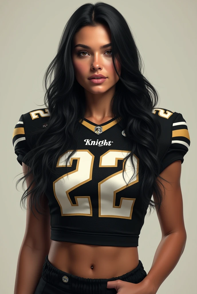 A photo of Emma Hughes, a quarterback for the female University of Central Florida Knights football team. Number 22. Very tall, very (colossal breasts:1.5), very long black hair.