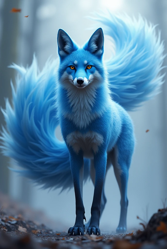 A blue fox that walks on 2 legs, With a gust of tales