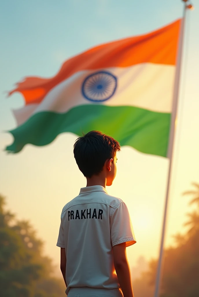On independence day boy standing in front of indian flag and on back of his shirt it is written PRAKHAR a 16 year bou