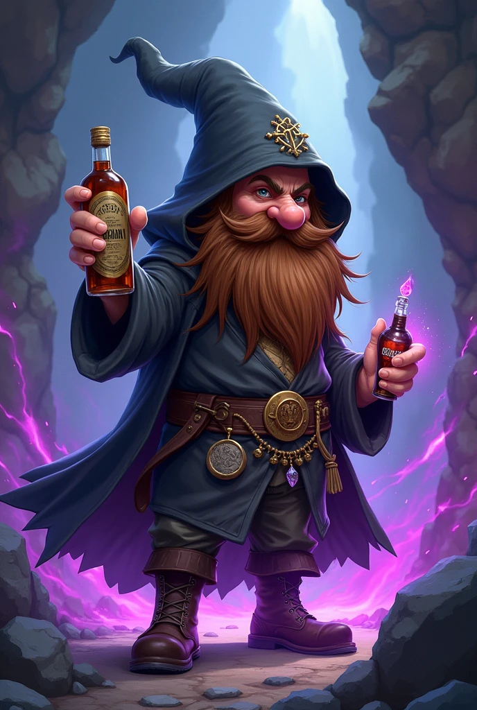 Dnd rock gnome, large nose, long brown hair, short trimmed beard, fantasy warlock, purple glow, dark cloak, holding a rum bottle, wearing a magic crystal necklace, anime warrior, manga artstyle, wearing pirate boots