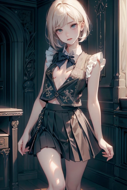 ((Highest quality)), ((masterpiece)), (detailed), One person, (Large forehead:1.2),extremely detailed cute anime face, (((Flat Chest))), (Flat Chest:1.1),((((Short Bob Hair)))),Complex eyes,beautiful detailed eyes,Symmetrical eyes,(((detailed face))),beautiful detailed lips, If you look at this, (((Embarrassing))),(emotional expression),(Are crying),High resolution,(Highest quality),(ultra detailed,extremely detailed),Perfect Face details, ((masterpiece:1.4, Highest quality))+, (ultra detailed)+,, cute, (Flat Chest:1.1), Small breasts, The body is slim, skinny, (Small waist), prominent clavicle, skinny arms, Flat Stomach, Pelvic bones are visible, White-blonde hair, Perfect Face, detailedなボディ,Complete limbs,((Quality fabric texture, Brown knitted vest, Short sleeve white collar shirt, Navy Pleated Skirt, Navy bow tie)), (Beautiful views), evening, (Inside the flower shop), Are standing, (smile, Superior, Open your mouth), (((Skirt Lift, No pants, Genitals are visible))), Full Body Shot, Dark blue socks, Sexy Face, Inverted nipples,