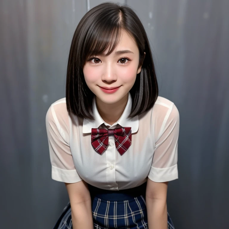 (kawaii 18 year-old Japanese girl is standing on the floor, leaning forward, reaching two hands for one's knees, Nogizaka idol, Korean idol), healthy female athlete body, (glossy black hair, short hair, pixie cut, bangs:1.3), (rounded face, pure black eyes, single eyelid, no makeup, splashing smile:1.2), (wearing Japanese school uniforms, blazer jacket, collared shirt, bow tie:1.3), extra small breasts, (plaid skirt, bare thighs visible:1.2), BREAK, (simple grey background:1.3), (dynamic angle, cowboy shot, thigh focus:1.2), BREAK, (masterpiece, best quality, photo realistic, official art:1.4), (UHD, 8K quality wallpaper, high resolution, raw photo, golden ratio:1.3), (shiny skin), professional lighting, physically based rendering, award winning, (highly detailed skin, extremely detailed face and eyes, anatomically correct body), Carl Zeiss 85 mm F/1.4, depth of field, 1girl, solo,