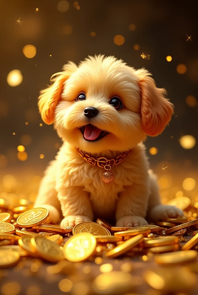 Pile of gold, Gold coins, dog, Gold coins이 하늘에서 쏟아진다. Dazzling golden, golden light