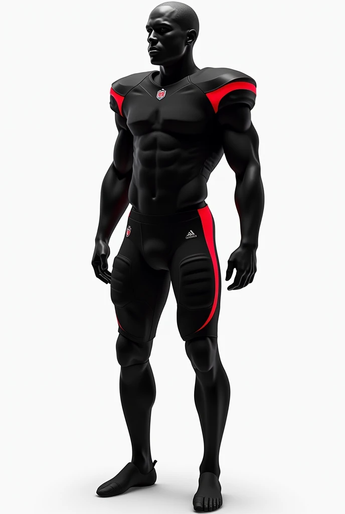 A complete, most current model football uniform with black colors and curved sides with minimalist red 