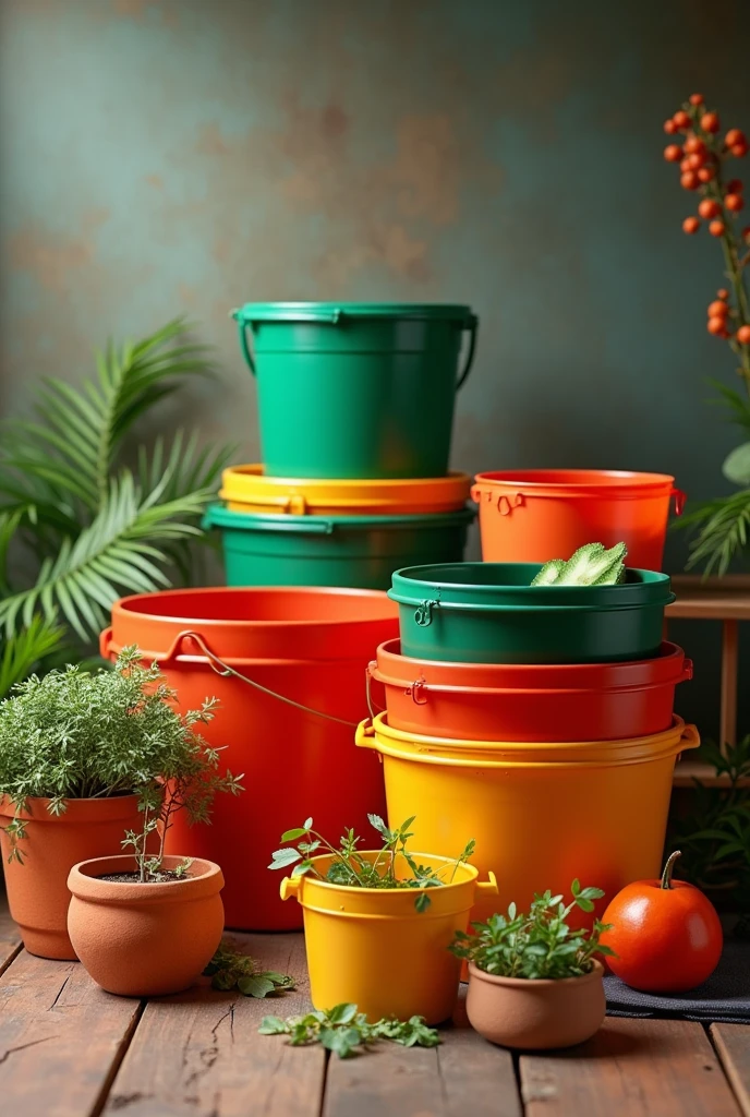 (photorealism:1.2) A colourful plastic items such as good quality buckets, mug, tubs and many plastic items representing the only flag colour of India in the background with a realistic photo