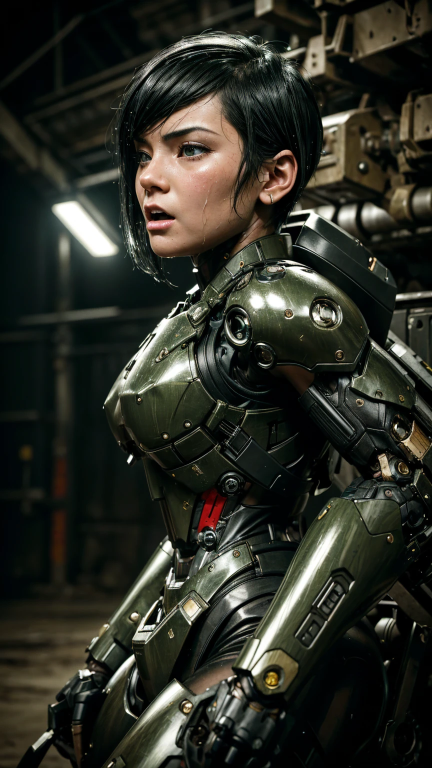 Textured skin, Very detailed, Attention to detail, high quality, 最high quality, High resolution, 1080P, hard disk, beautiful,(War Machine),beautifulサイボーグ女性,Mecha Cyborg Girl,Battle Mode,Girl with a mechanical body　Black Hair　Short Hair Boyish　Dark green armor　Sweaty and wet face　Change is over　Met Off　Steam coming out of the head　Steam coming out of the whole body　Painful expression　Please open your mouth wide　Snug-fitting headgear　Black inner suit　Full body portrait　from the front