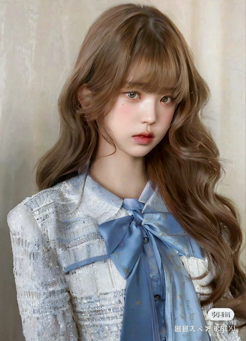 A close-up of a woman with long hair and a blue tie., lalisa manobal, long hair with bangs completo, the hime cut, long hair with bangs, neat hair with bangs, brown long hair with bangs, Lalisa Manoban of Blackpink, with bangs, ulzzang, with bangs completo, white hime cut hairstyle, brown bangs