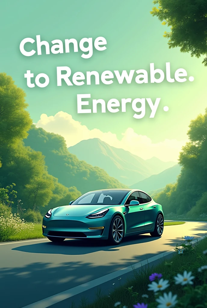 a poster greeny view with a tesla car to support renewable energy with a 'change to renewable energy' slogan