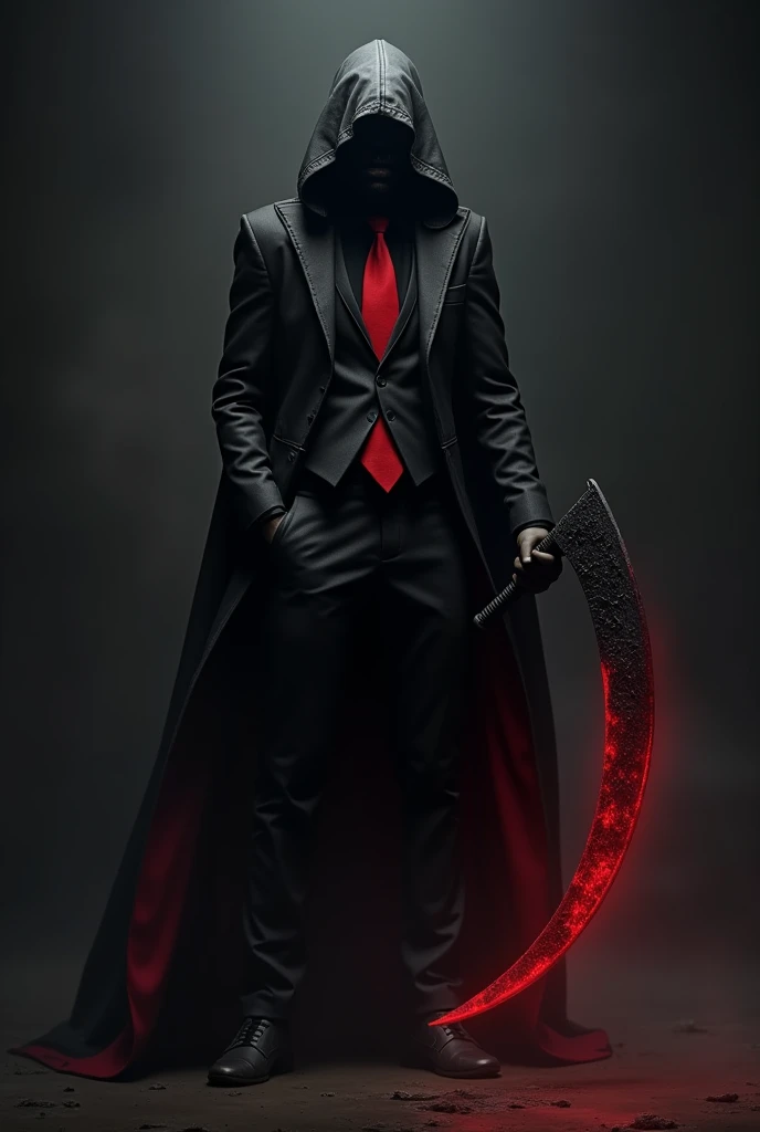 man in black suit, red necktie, black pants with a lot of black and a little red, hood covering the back of the neck and half of the demon's face, he holds a scythe with a red illuminated blade